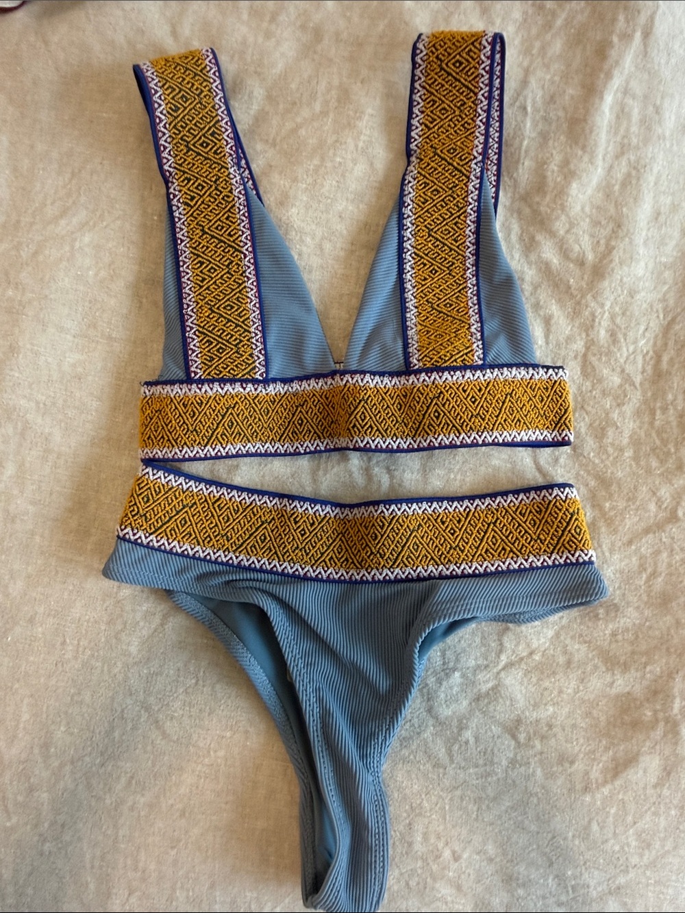 Ribbed Slate Blue Bikini Set with Mustard Embroidered Trim